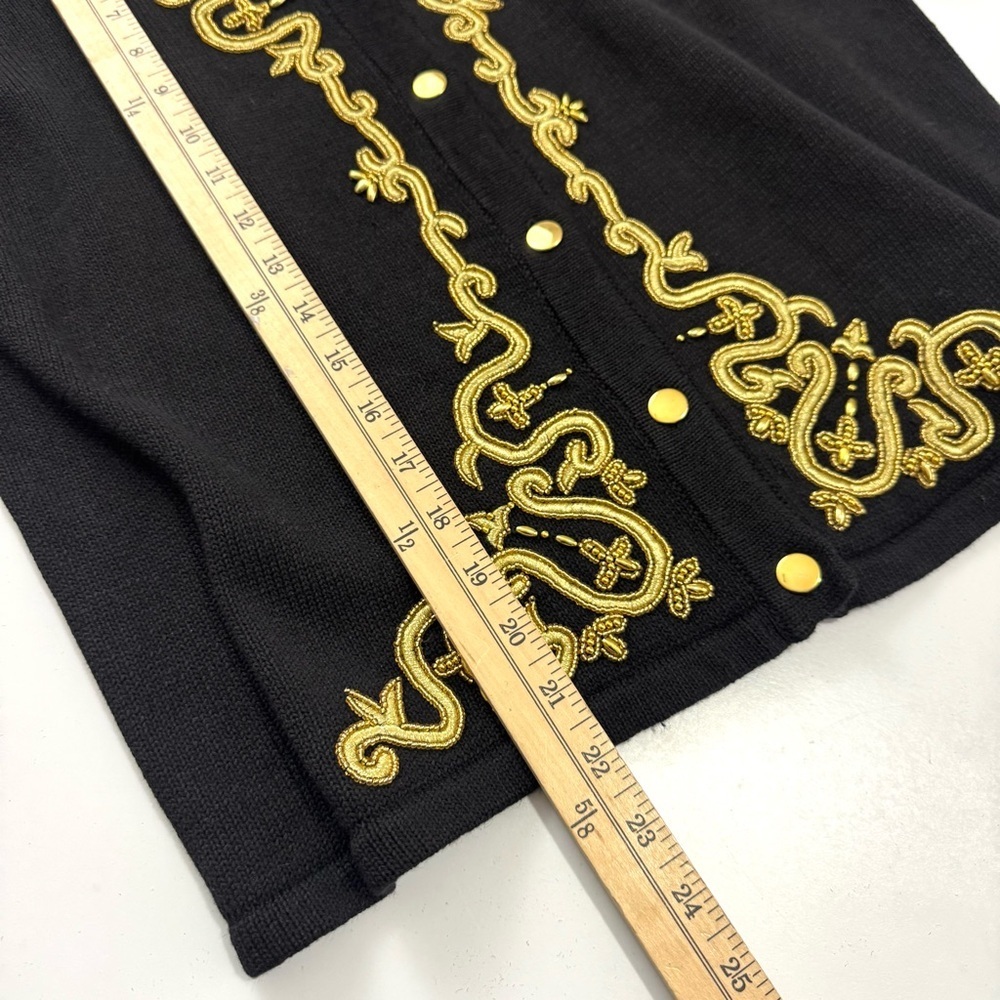 VTG Joan Leslie Petite M Knit Black Gold Embroidered Button Up Cardigan Sweater - Picture 7 of 9